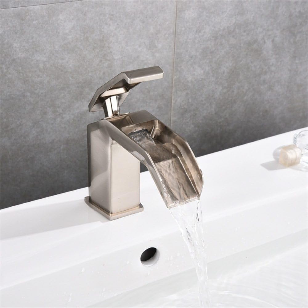Waschtischarmaturen, Wasserfall, Badezimmer-Wasserhahn, Einhand-Waschtisch-Mischbatterie, Bad, antiker Wasserhahn, Messing, Waschbecken, Wasser, Silber, Nickel gebürstet