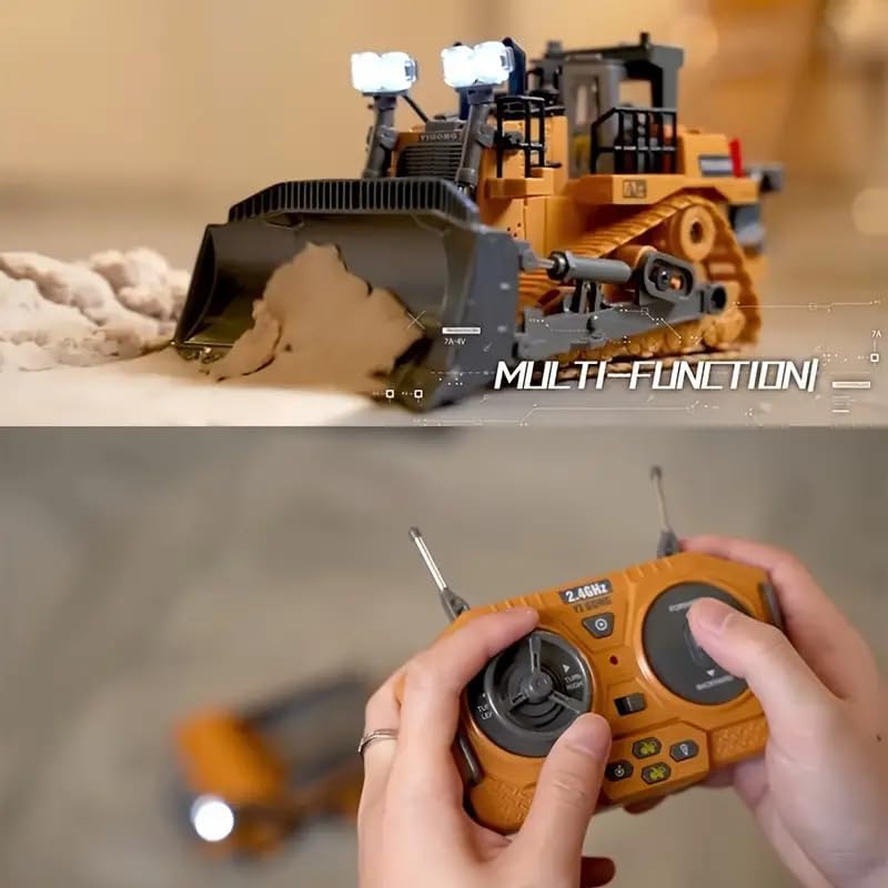 RC Bulldozer, 9-kanałowy zdalnie sterowany buldożer, zabawka 1:20, w pełni funkcjonalny pojazd RC gąsienicowy ze światłem i efektami dźwiękowymi