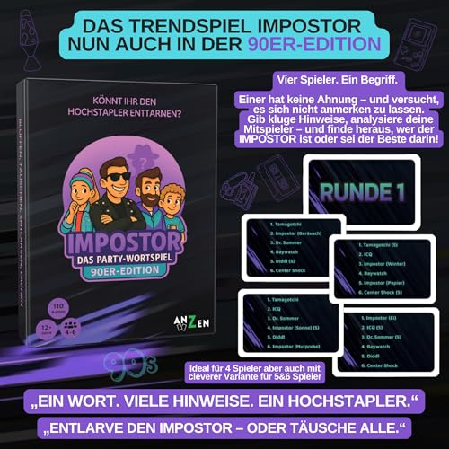 Impostor – Das Party Wortspiel 90er Edition inkl. Hilfsbegriffe | Lustiges Gesellschaftsspiel & Kartenspiel für Erwachsene, Familie & Freunde | Wer enttarnt den Hochstapler? | Nostalgie als Partyspiel – Bild 3