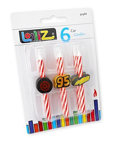 LolliZ  Velas de cumpleaños con temática de coche de carrerasPaquete de 6 unidades.A rayas rojas y blancas.