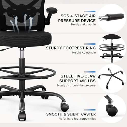 Image of Alolo Drafting Chair,Big and Tall Office Chair with Footrest Ring,Ergonomic Chair for Counter Height and Standing Desk Comfy with Lumbar Support and Flip-up Armrests in Heavy Rolling Base,Black