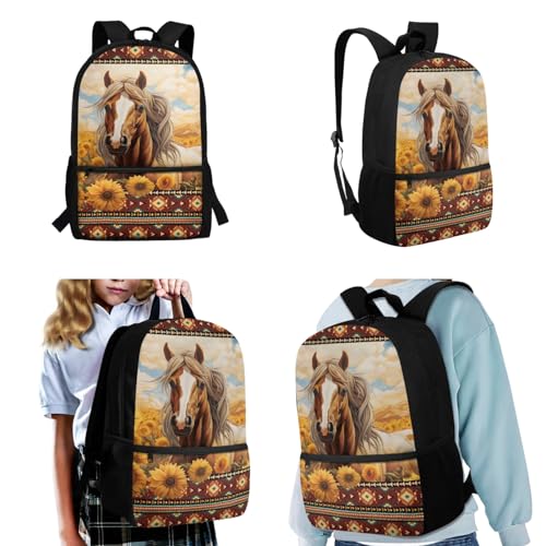 Western Aztec Horse Backpack with Lunchbag for Kids Boys 8-9/10-12/12-14 Backpacks 4 PCS Middle School Book Bag Lunch Box Pencil Bag Water Bottle Holder Bookbags Schoolbags for Teens2