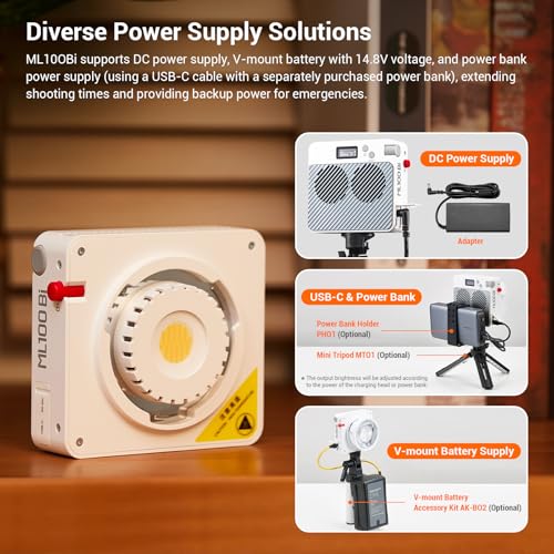 Image of Godox ML100Bi 100W Portable LED Video Light,CRI 97+ /TLCI 98+,0%-100% Brightness& Bi-Color COB Continuous Output Lighting 2800-6500K,11 FX Lighting Effects,App Control Mini Photography Light