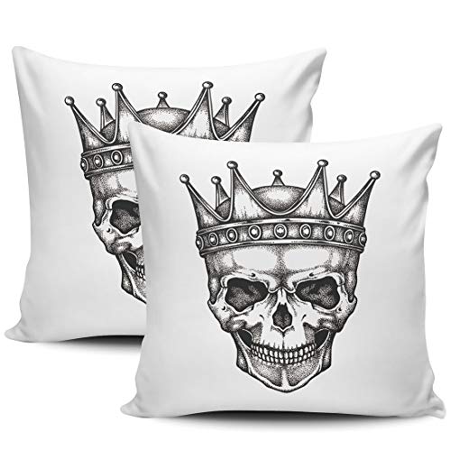KELEMO Home Set of 2 Pillow Case Hand Drawn King Skull Wearing Crown