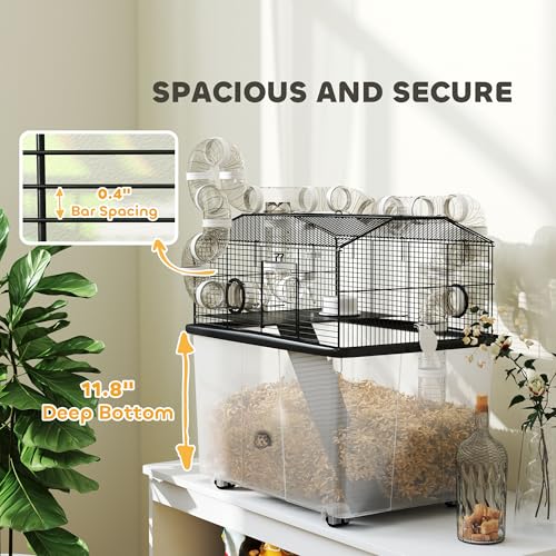 PawHut Large Hamster Cage with 12" Deep Tray, 2 Tier Gerbil Cage with Tube System, Water Bottle, Ramp, Feeding Bowl, 23" x 17" x 22", Black - Image 5