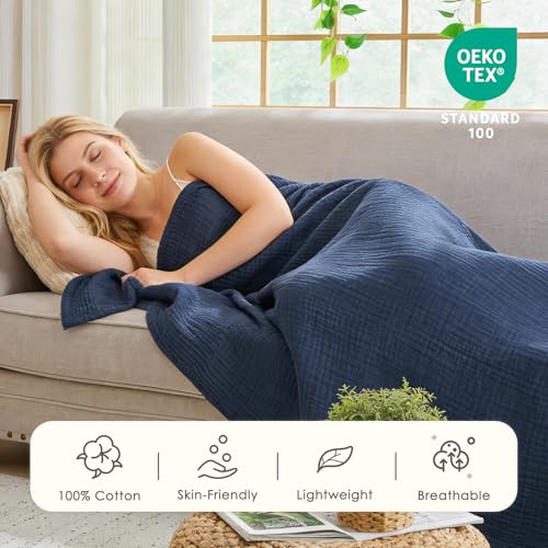 Image of EMME Muslin Blankets for Adults Throw Blanket for Couch Breathable Gauze Soft Lightweight Airy Navy Super King 120 inch x 94 inch