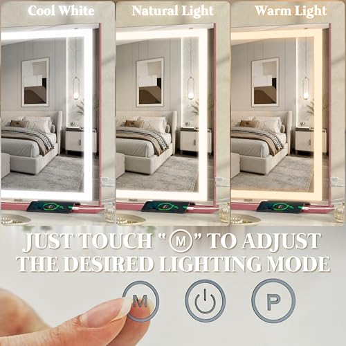 Image of FENNIO Large Vanity Mirror with Lights,40 inch x 28 inchMakeup Mirror with Lights,Hollywood Mirror with 3 Color Modes & Adjustable Brightness,Vanity Mirror Square Pink