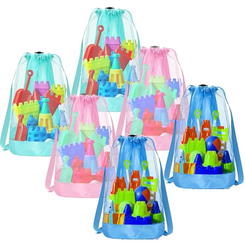 Vodolo Beach Toy Bag,6pcs Mesh Travel Sand Toys Backpack for Sandbox Buckets,Beach Vacation Essentials for Kids,Shell Collecting Bag Shelling Tools,Beach Must Haves Sand Box Toys Seashell Bags