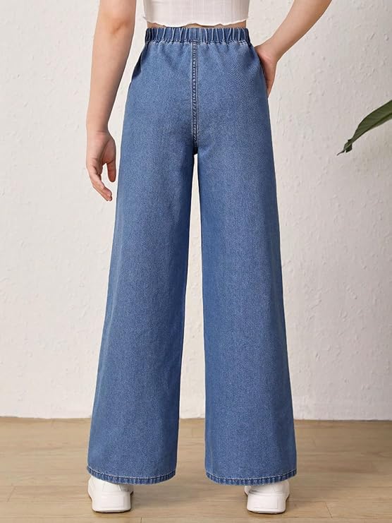 Image of ADBUCKS Girl's Stretch Denim Wide Leg Jeans Comfort Fit with Elastic Waistband, Straight Cut, Casual Style for All Seasons, Versatile Clothing