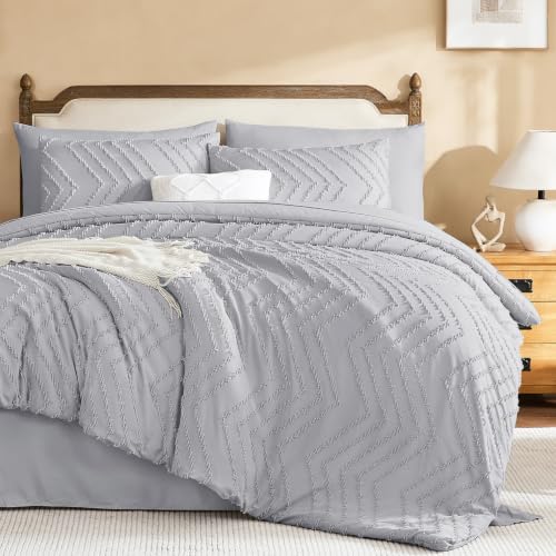 Image of Litanika Light Grey Queen Size Comforter Set with Sheets - 7 Pieces Bed in a Bag Queen Boho Tufted Complete Bedding Sets with Comforter, Sheets, Pillowcases & Shams
