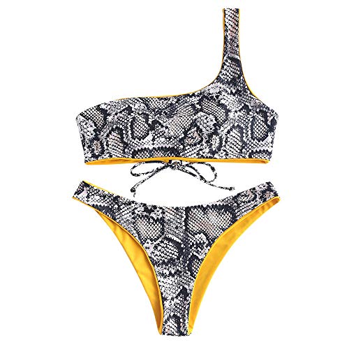 ZAFUL Two-Piece Snakeskin Leopard One Shoulder Reversible Bikini Set Lace up Bralette Padded Swimsuit Set Mustard
