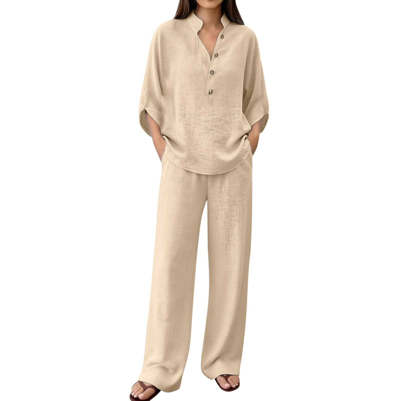 Ensemble pour femme élégant d'été Curvy coton lin costume d'été complet 2 pièces chemise + pantalon ample combinaisons d'été grande taille confortable ensemble coordonnées d'été décontracté complet