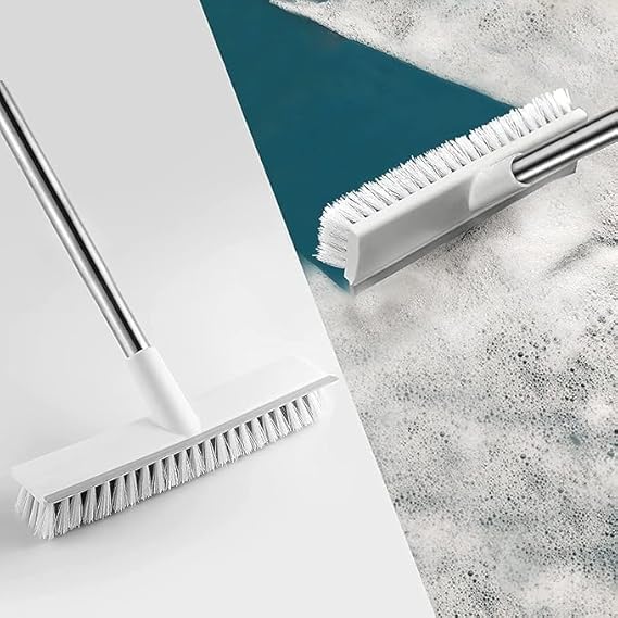 Image of Plastic 2 in 1 Bathroom Cleaning Brush with Wiper, Tile Cleaner Brush, Long Handle, White