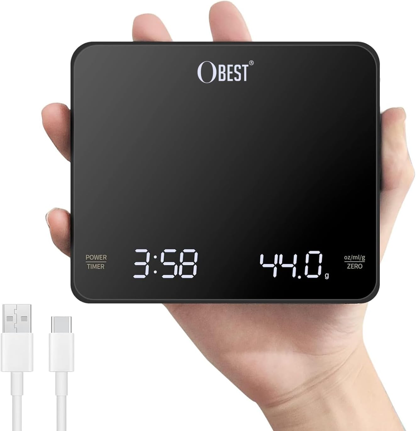OBEST Mini Digital Coffee Scales with Timer,0.1g-3kg Precision Measurement Food Scale Espresso Scales Electronic Cooking Scale, Rechargeable Kitchen Scales