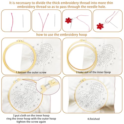 Image of BEUNITONE 4 Pack Beginner Embroidery Kit for Adults, Marine Animals Flowers Pre-Stamped Pattern Needlepoint Kits with Hoops & Instruction, Handmade Embroidery Kits for Fabric and Home Decor 7.9x7.9