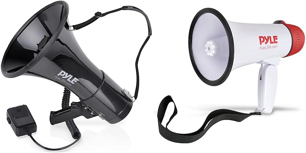 Pyle Megaphone Speaker PA Bullhorn with Built-in Siren 50 Watts & Adjustable Volume Control & 30W PA Bullhorn Megaphone Speaker with Built-in Siren & LED Lights