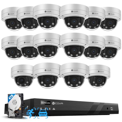 4COVR 16 Channel Security Camera System for Business, Human Vehicle Detection, 16x 5MP 2.8-12mm AutoFocus IK10 Vandal-Proof IP67 Dome Commercial IP PoE Camera, 16CH UHD NVR 4TB HDD, LY57BA5M