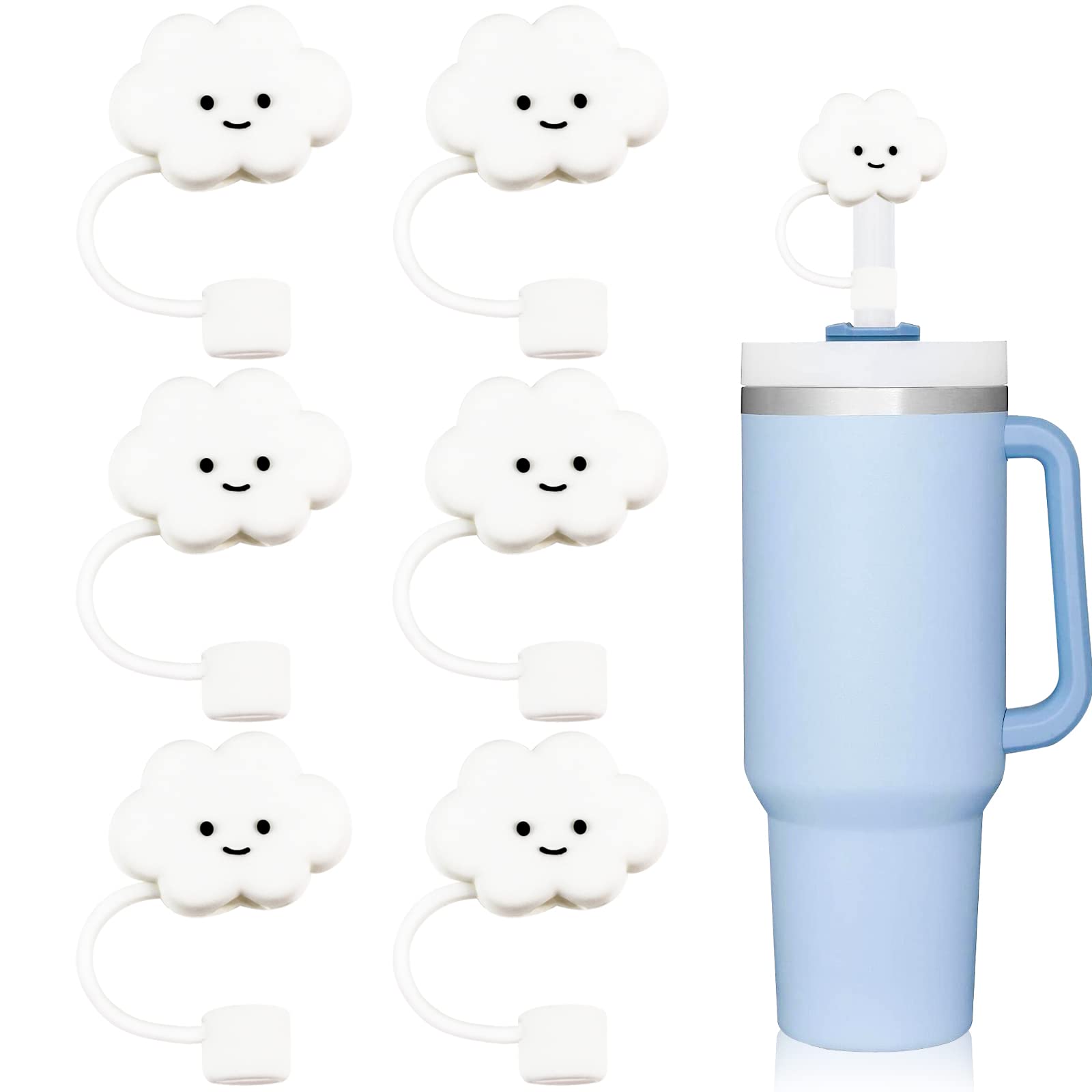 Baseola Straw Tip Covers, Dust-Proof Straw Cap Toppers, Reusable Silicone Soft Protector Cover for 0.4 inch/10mm Straws (6 Pieces Cloud)