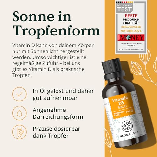 NATURE LOVE® Vitamin D3 5000 (50ml flüssig) - Laborgeprüfte 5000 I.E. pro Tropfen - in MCT-Öl aus Kokos - Vitamin D hochdosiert - hoch bioverfügbar, sehr hohe Stabilität - in Deutschland produziert