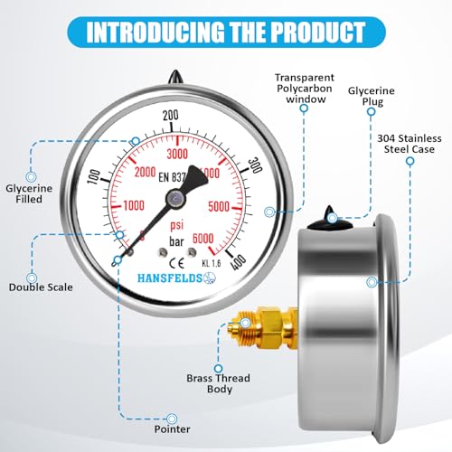 Hansfelds Manometer 0–400 bar/psi, 63 mm Zifferblatt, Messing G1/4\ BSP Hinteranschluss, flüssigkeitsgefüllt (Glyzerin-gefüllt), Genauigkeitsklasse 1.6, inkl. 2 Reduzierstücke auf 3/8\ und 1/2\.