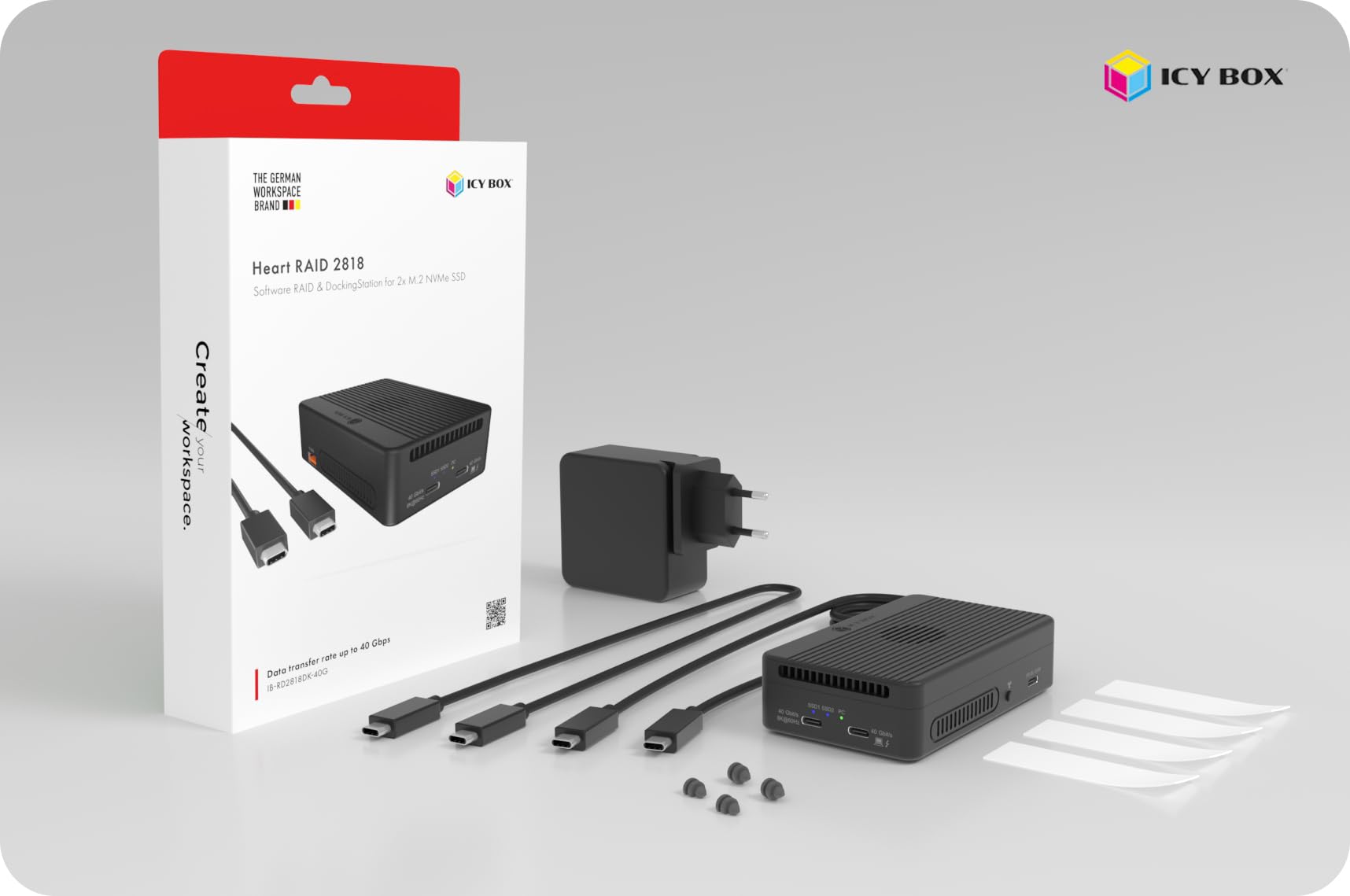 ICY Box Thunderbolt RAID Docking Station Dual M.2 NVMe SSD Gehäuse Thunderbolt 3 USB4 8K USB-C 4K HDMI USB-A aktiver Lüfter NVMe Dock