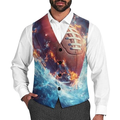 Football Blue Flames And Water Men's Formal Suit Vest for Business Formal Or Casual Dress Waistcoat Wedding
