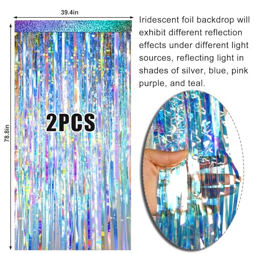 Image of 2 Packs Iridescent Foil Fringe Curtain, Neon Transparent Holographic Tinsel Backdrop for Birthday, Wedding, Baby Shower, Mermaid, Euphoria, Iridescent Party Decorations Supplies