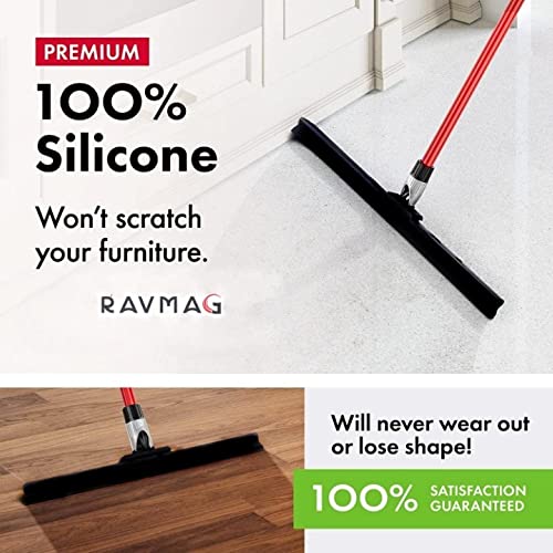 Silicone Floor Squeegee By Ravmag - Lightweight With 17 Inch Blade & 55 Inch Long 4Pc Handle With Adjustable Knuckle Joint For Garage/Concrete/Tile Floors, Shower Glass Doors/Wall, Windshield & Window #TOP1