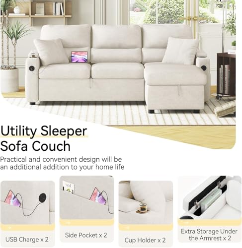Image of Pull Out Couch, L Shaped Convertible Sleeper Sofa Bed with Hidden Storage for Living Room Apartment, 3-in-1 Linen Sectional with Side Pocket, Charging Station, Cup Holder(Beige