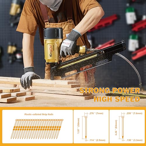 Image of KingOu NR2183 21 Degree Aluminum Magazine, Pneumatic Framing nail gun | 2-Inch up to 3-1 /4-Inch Plastic Collated Full Head Framing Nails, Framing, Wooden House Building, Fencing