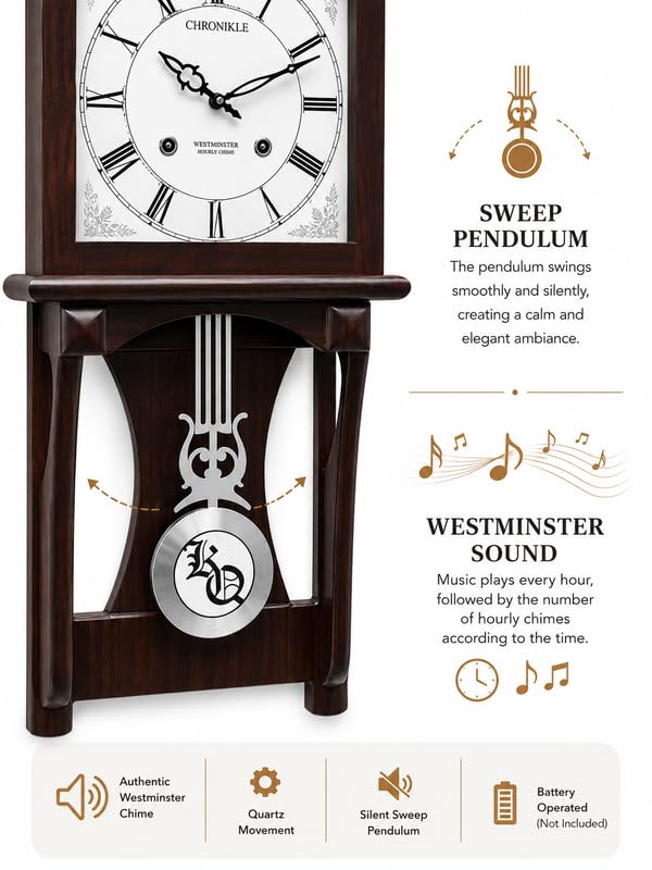 Image of Premium Wooden Pendulum Wall Clock with Musical Chime Sound, Roman Numeral White Dial, Silent Sweep Quartz Movement, Classic Rose Wood Finish, Battery Operated Decorative Wall Clock (22 x11x 3.5 Inch)