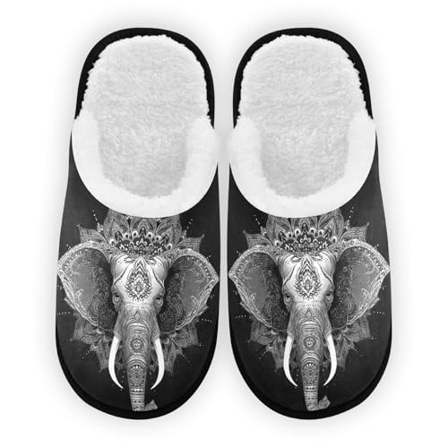 Retro Elephant Black Bohemian Slippers For Women Men Soft Memory Foam Non-Slip Animal Winter Indoor House Shoes Travel Slipper