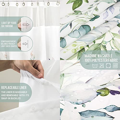 Tititex No Hooks Snap In Liner Green Eucalyptus Leaves Shower Curtain Sets, Hotel Luxury Double Layers Waterproof Fabric & See-Through Top Window Bathroom Decorative 71X71 Inch #TOP5