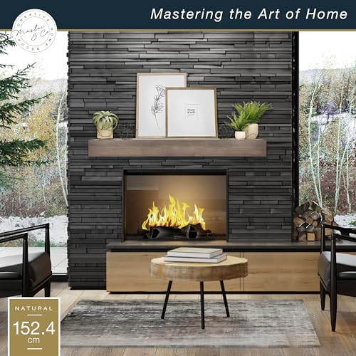 Image of MCS 60-Inch Mantel, Master & Co Antique Natural Finish Solid Wood Floating Fireplace Mantel, Long Floating Shelf for Livingroom with Wood Cleat Hanging System, Photo and Home Decor Display Shelf