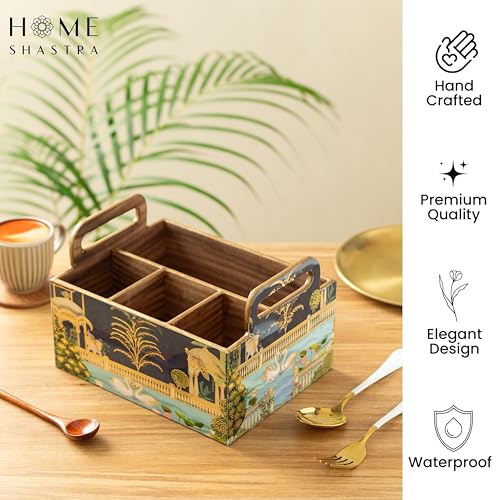 Image of Wooden Cutlery Holder with Gold Engraving | Pack of 1 | Size : 9 x 7 x 5.5 inch | Enamel Coated Waterproof | Cutlery Holder for Dining Table | (Swan)