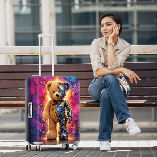 Image of Cyberpunk Mech Teddy Bear Luggage Cover Protective Suitcase Protector, Elastic Washable Travel Baggage Cover Fits 28-30 Inch Suitcase, Cool Robotic Bear Design for Men Women,L