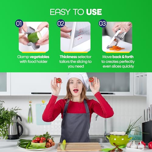 Premium Grip Handheld Mandoline for Kitchen - Adjustable 3-Function Thickness, Safety Hand Guard, Multi-Purpose Vegetable Chopper & Fruit Cutter, Cheese Slicer, Onion Potato Salad Food - Image 5