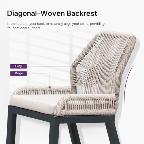 Image of PURPLE LEAF Bar Stools Set of 2 Outdoor Bar Height Metal Stools Modern Wicker Rattan Barstools with Back Aluminum Outside Garden Patio Bar Chairs