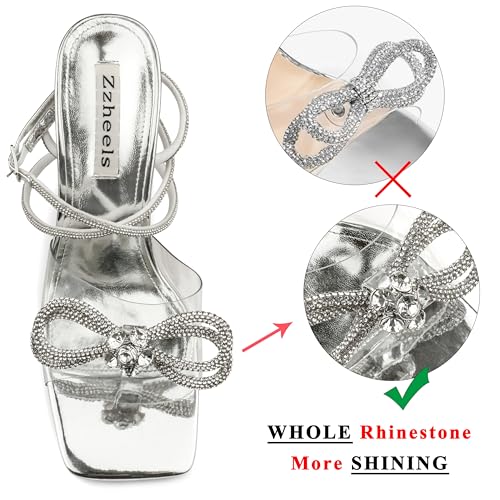 Zzheels Double Bowknots Crystal Sandals Clear Slingback Heels Square Toe Shoes for Party Wedding3