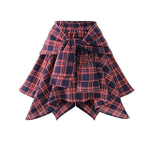 Liergou Faldas Midi Swing Faldas de Cintura Alta de Las Mujeres Plaid patrón Impreso Cintura elástica Ocasional Falda Irregular de una línea (Color : Rojo, tamaño : Free Size)