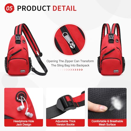 Image of Convertible Sling Bags for Women Men, Lightweight Crossbody Backpack Daypack Fit for 7.9 inch Tablet for Casual Travel Sport Hiking (Red)