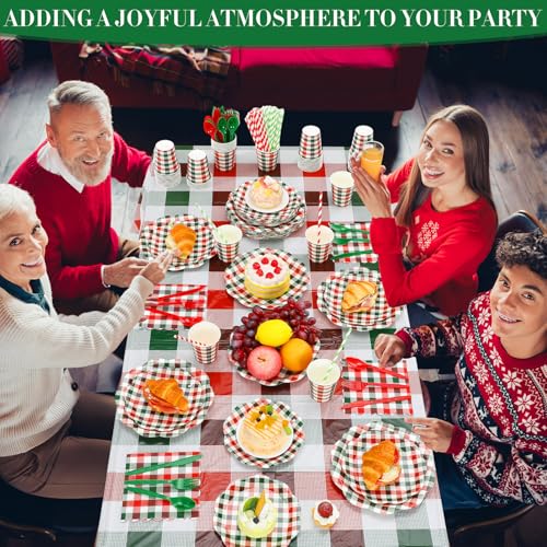 Image of Funnymoom 452 Pcs Red and Green Christmas Buffalo Plaid Party Supplies for 50, Scalloped Christmas Gingham Plaid Paper Plates Napkins Cups Tablecloth Cutlery Straws for Rustic Holiday Party Decoration