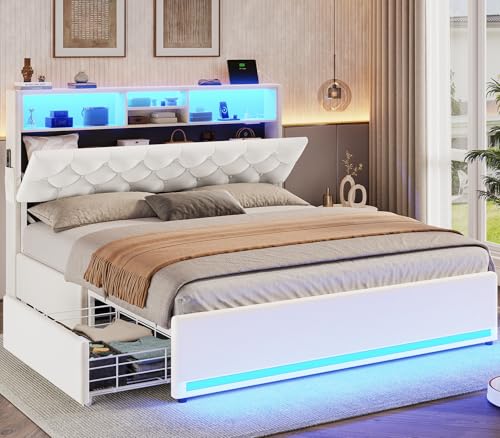 BTHFST Queen Bed Frame with 4 Drawers & Storage Headboard, LED Bed Frame Queen Size with Charging Station,Velvet Upholstered Bed with Metal Slats, No Box Spring Needed,Creamy White