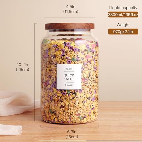 Set Of 2 Large Glass Jar with Wooden Lid with 132 Labels, Glass Storage Jars for Flour Pasta Candy Coffee Cookie and More(1 gallon/4000 ml)