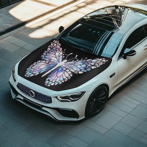 Image of Stained Glass Butterfly Car Hood Covers for Automobiles, Abstract Butterfly Pattern 3X5FT Stretchable Polyester Suitable for Most Vehicles Sedans Trucks