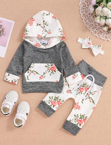 Image of Baby Girls Long Sleeve Flowers Hoodie Tops and Pants Outfit with Kangaroo Pocket Headband