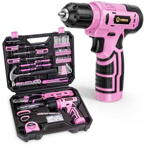 VIGRUE 278 Piece Tool Set, 8V Cordless Drill, Tool Kit with Drill, ToolBox for Men & Women, Home Hand Drill Set for Handyman, DIY (pink)