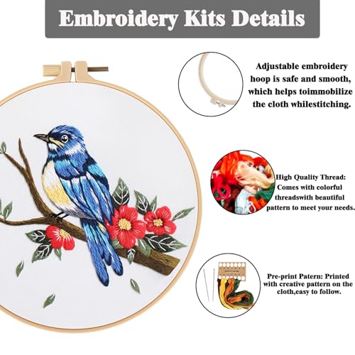 Image of GLTAYLMY 3 Sets Embroidery Kit for Beginners Needlepoint Cross Stitch Kits for Adults,Stitch Learning DIY Kit with Easy Instruction,Stamped Bird Embroidery Patterns,Hoop,Threads,Sewing Hobby