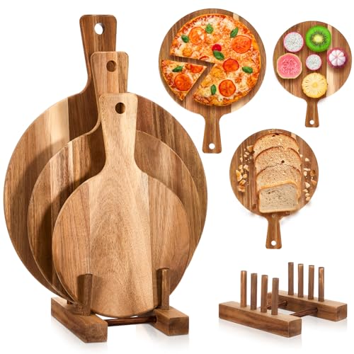 Set de 3 tablas redondas de acacia con mango y soporte