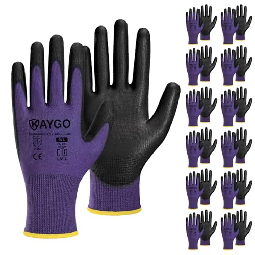 Image of KAYGO Safety Work Gloves for Men Women, PU Coated Palm & Fingers, KG11P | Smooth Grip, Breathable & Lightweight, 13-Gauge Seamless Knit, for Light Warehouse, Manufacturing, Gardening